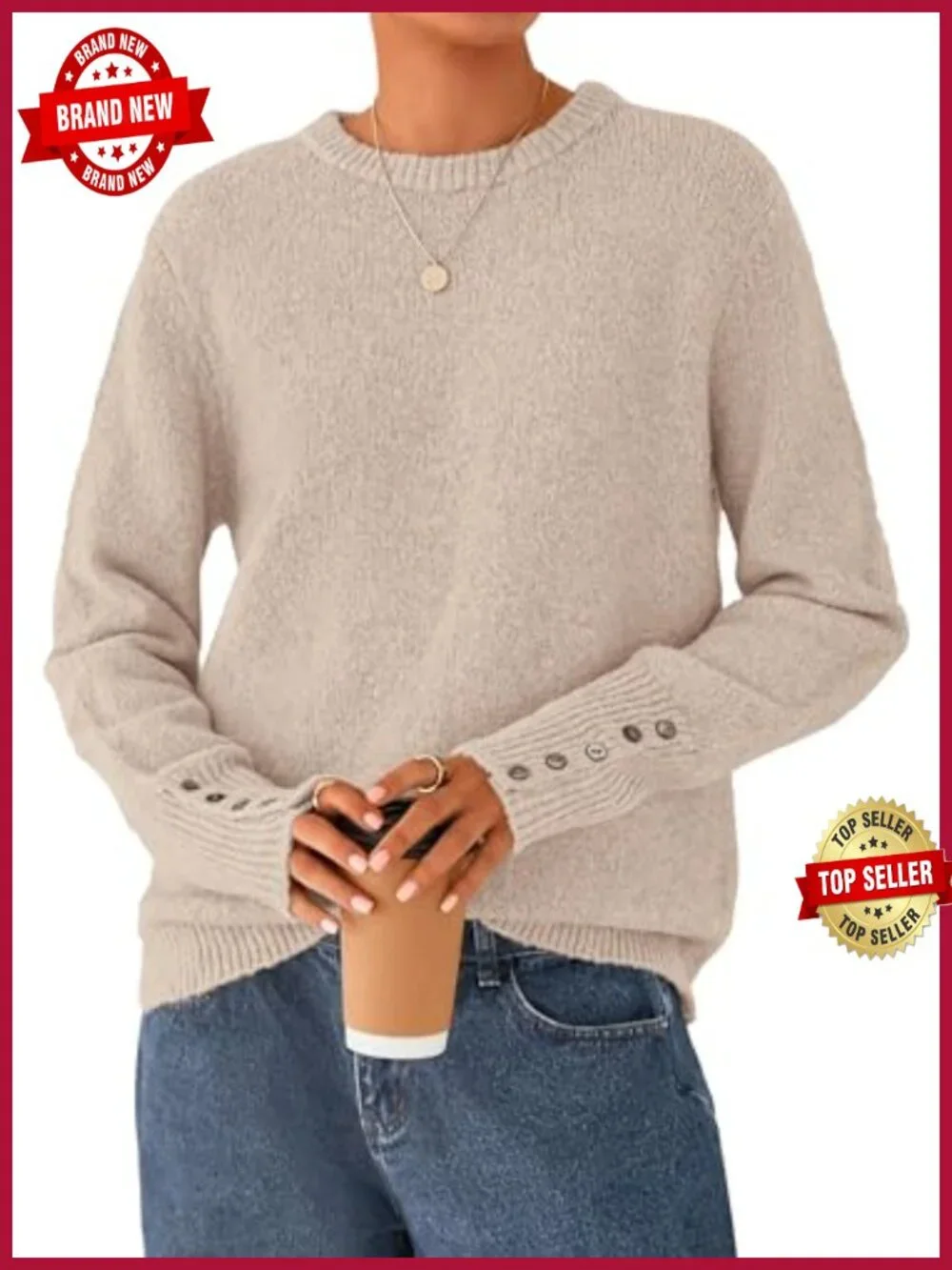 Women's Knit Pullover Sweater, Long Sleeve Crewneck with Button Cuffs, Relaxed